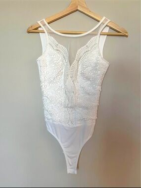 Lulu's White Lace Mesh Bodysuit